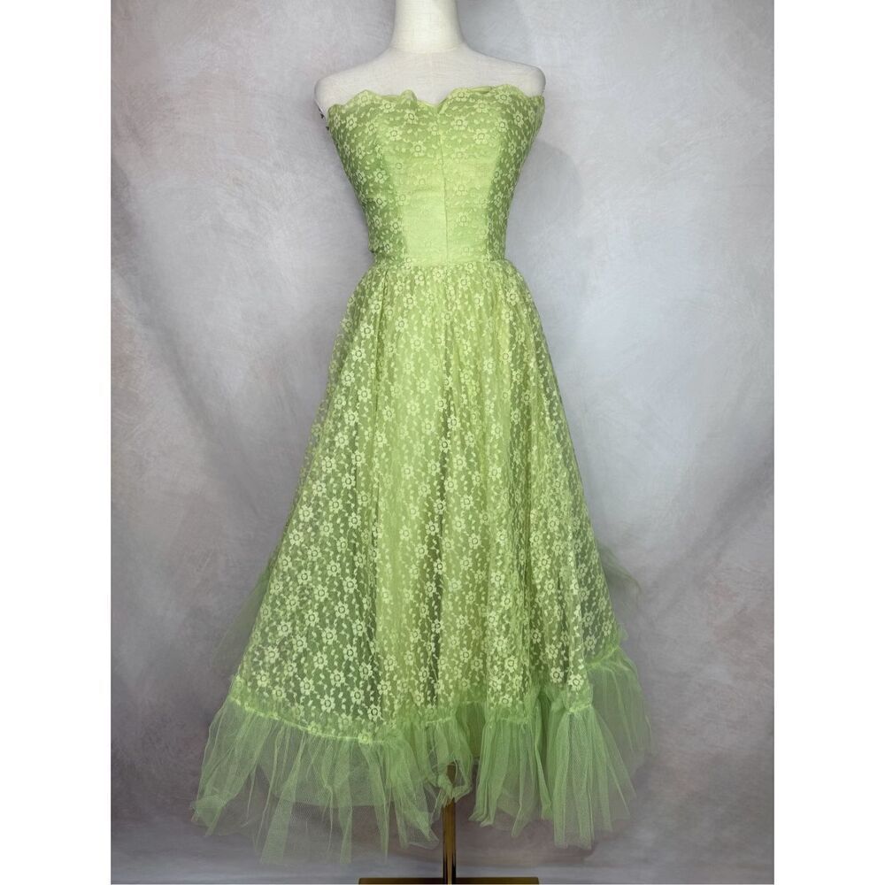 Vintage 1950s Designer Cupcake Dress Tulle Alfred Angelo XS XXS Lime Mint Green